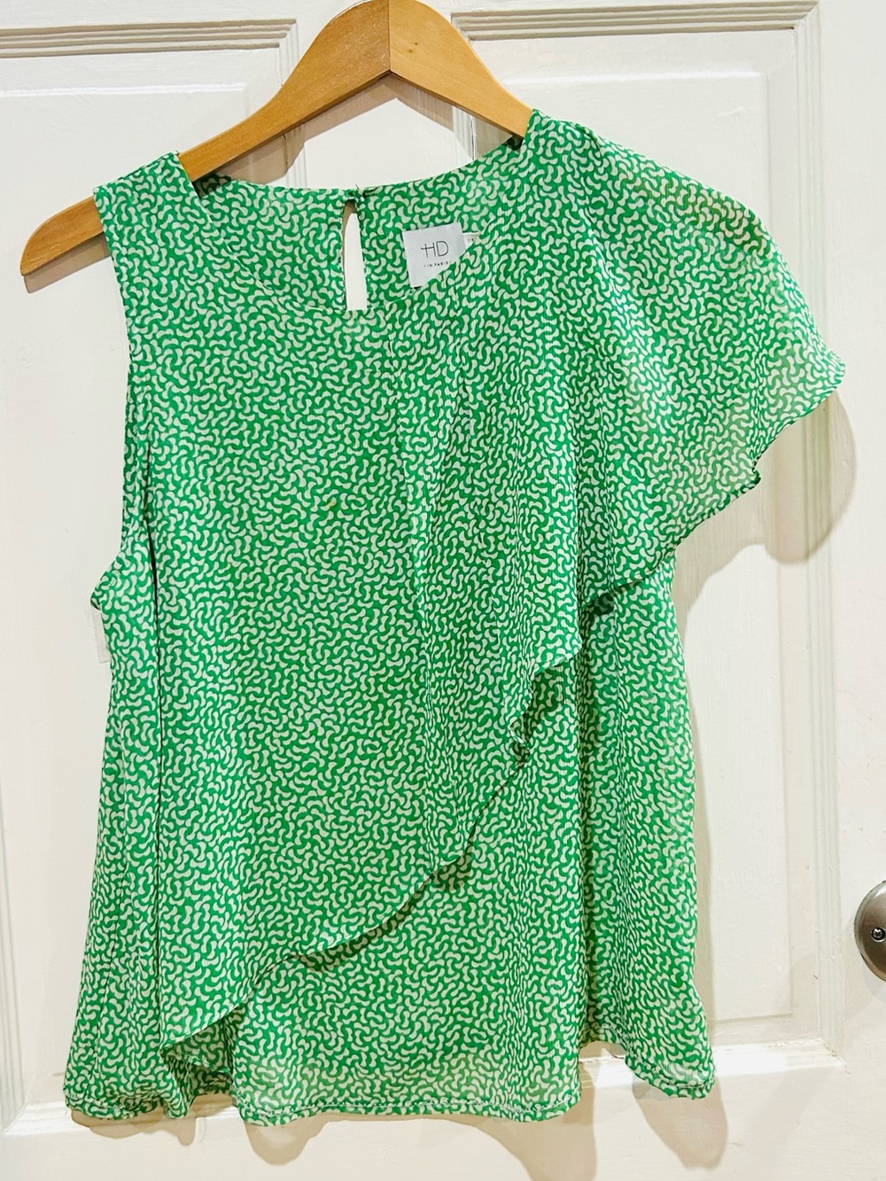 HD in Paris Anthropologie Green Print Asymmetrical Ruffle Sleeveless Top Size 8 - Picture 4 of 9